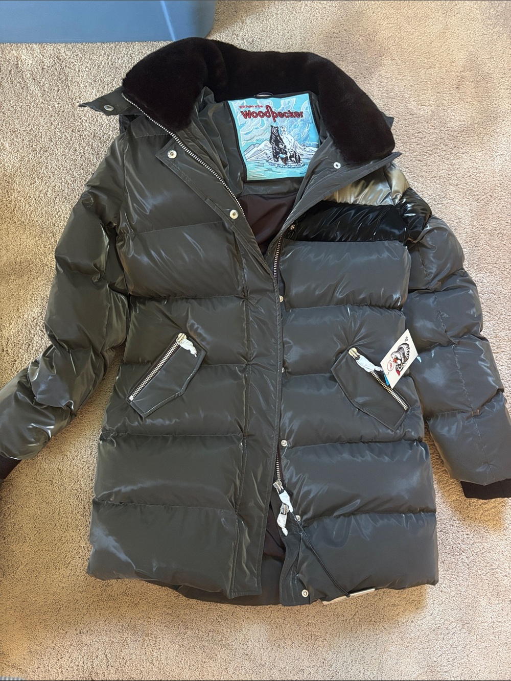 Men's Olive Green Puffer Coat with Fur Collar